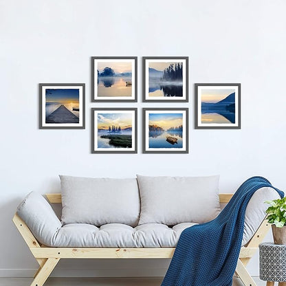 Framed Lake Scenery Wall Art: Calming Forest Fog Print Pictures Relaxing Nature Landscape Painting Contemporary Frames Mountain Tree Artwork 6 Pieces Sunset Picture for Bedroom Living Room