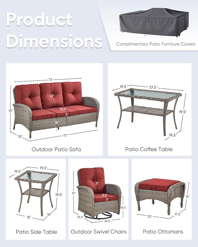 7 Pieces Outdoor Patio Furniture-Swivel Patio Chairs Set of 2 Outdoor Wicker Rattan Sofa Couch with Ottoman Outdoor Conversation Set for Deck Porch Garden Balcony Poolside-Grey/Red