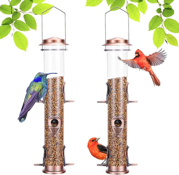 Metal Bird Feeder Tube Hanging Wild Bird Seed Feeder Aluminum Six Port Bird Feeders,1.4 mm Extra Thick Solid Tube Transparent with Steel Hanger Great for Attracting Birds (Antique Copper 2PK)