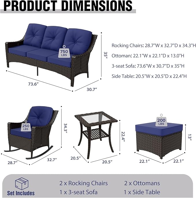 COOS BAY Stone Harbor Wicker Outdoor Furniture Set, All Weather Patio Conversation Sets, Rattan Outdoor Sofa Set, Rocking Chairs, Couch, Ottomans, and Side Table, 6 Pieces, Brown/Blue