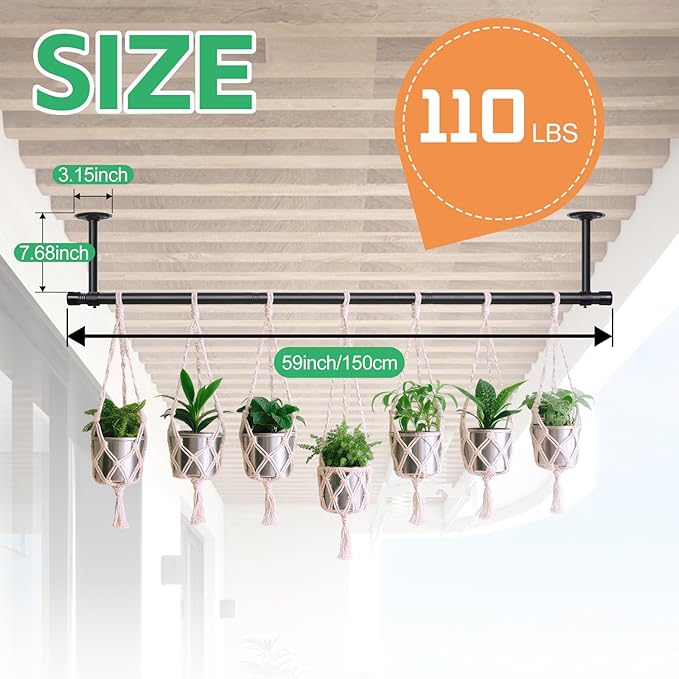 Ihomepark Plant Hanging Rod 59”, Plant Rod for Hanging Plants Indoor, Vertical Planter Hnaging for Wall Mount Window or Ceiling, Black