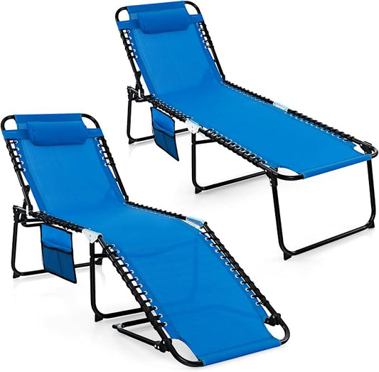 GYMAX Lounge Chairs for Outside, Extra High Folding Beach Tanning Lounger with Adjustable Backrest, Footrest & Removable Pillow, Sunbathing Lounge for Patio, Poolside (2, Navy with Pocket)