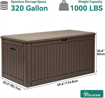 YITAHOME 320 Gallon Double-Wall Deck Box with Divider & Side Handles, Outdoor Large Storage for Patio Furniture Cushions, Garden Pool Accessories, Water Resistant & Lockable, Dark brown