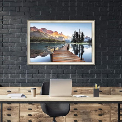 Framed Lake Landscape Wall Art: Mountain Sunset Skyline Painting Boardwalk Water Canvas Artwork for Living Room