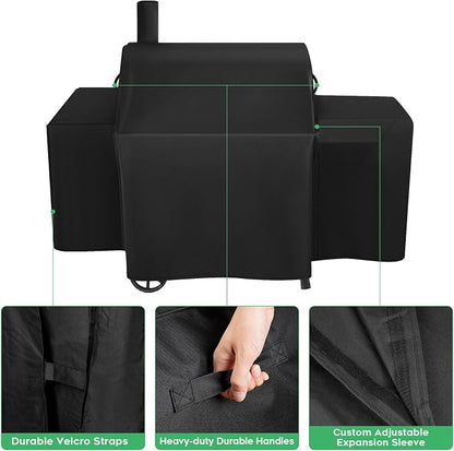 Heavy-Duty 600D Grill Cover fits for Char-Griller Smokin Champ 1624、Smoking Champ Offset Smoker 1733、Blazer 2130 and Classic 2175,Expansion Sleeves fit Around Side fire Box and Flue