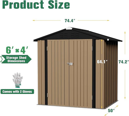 Flamaker 6x4 FT Storage Shed Waterproof Metal Garden Shed with Lockable Door Utility Tool Shed Outdoor Storage for Backyard, Patio and Lawn, Brown