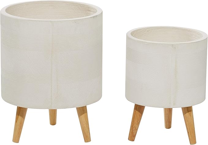 Deco 79 Magnesium Oxide Indoor Outdoor Large Pot with Wood Legs, Set of 2 Planters 16", 13"H, White