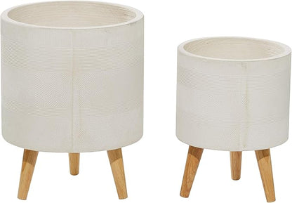 Deco 79 Magnesium Oxide Indoor Outdoor Large Pot with Wood Legs, Set of 2 Planters 16", 13"H, White