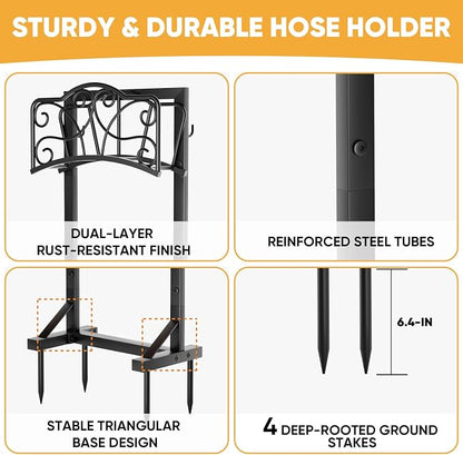 Heavy-Duty Garden Hose Holder with Tool Hooks and Stable Base, Metal Hose Hanger Garden Hose Storage Holds 160Ft, Rustproof Freestanding Water Hose Holder for Outside, Yard, Lawn, Farm