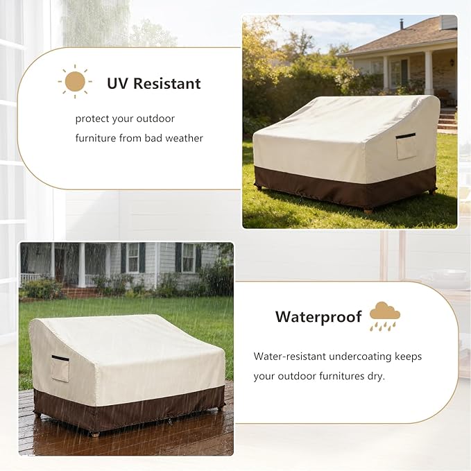 3-Seater Patio Sofa Cover, 600D Heavy Duty Waterproof Outdoor Sofa Covers, 85 W x 38 D x 35 H Inches Outdoor Couch Cover, Patio Furniture Covers, Lvory&Brown