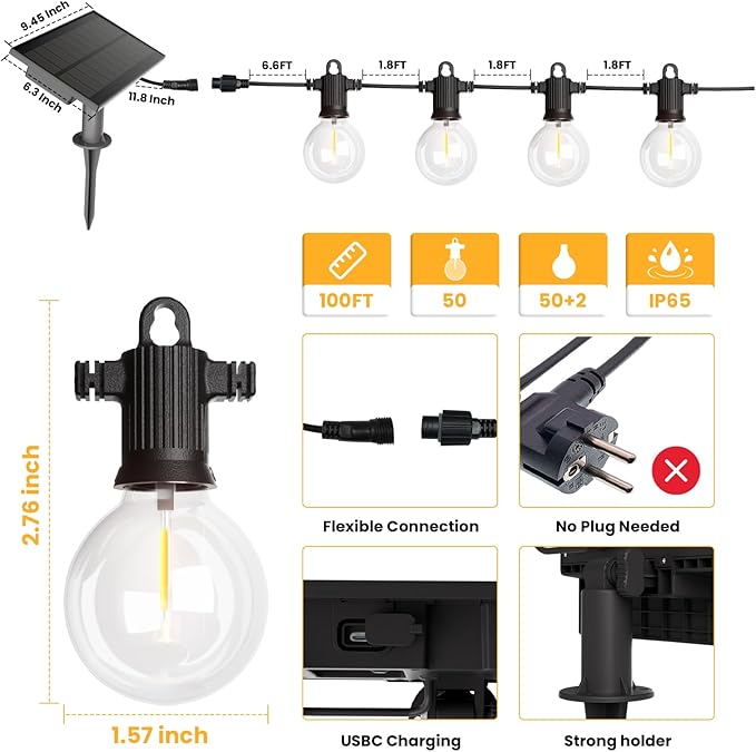 ZOTOYI Solar String Lights Outdoor Waterproof IP65 100FT with USB Port and 50+2 Shatterproof G40 Bulbs, Up to 8-12 Hours for Using, LED Solar Powered Patio Lights for Outside, Patio, Porch, 2200K