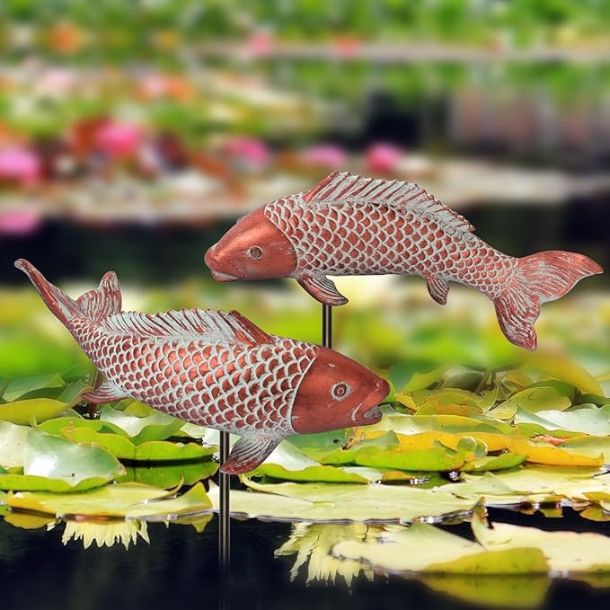 Outdoor Statues Garden Koi Fish Decor, 2pcs Antique Copper Koi Fish Sculpture for Pond Lawn Patio Porch Yard Decor Home House Ornaments, Birthday Gardening Gifts for Grandma Women