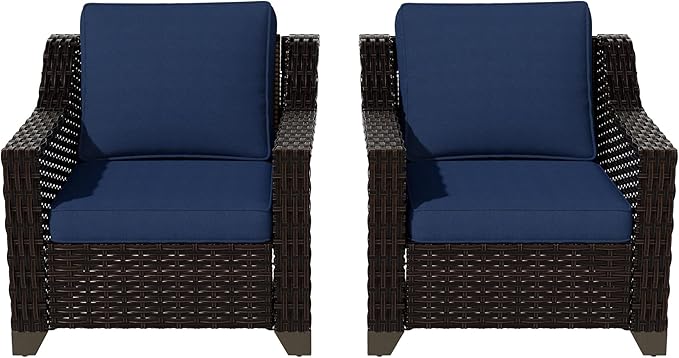 VistaVibe 2 Pieces Outdoor Armchairs, Patio Conversation Furniture Set, Washable Cushions, Luxurious Hand-Woven PE Rattan, Garden, Bistro, Deck, Backyard (Brown/Navy)