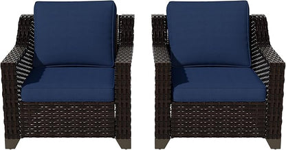 VistaVibe 2 Pieces Outdoor Armchairs, Patio Conversation Furniture Set, Washable Cushions, Luxurious Hand-Woven PE Rattan, Garden, Bistro, Deck, Backyard (Brown/Navy)
