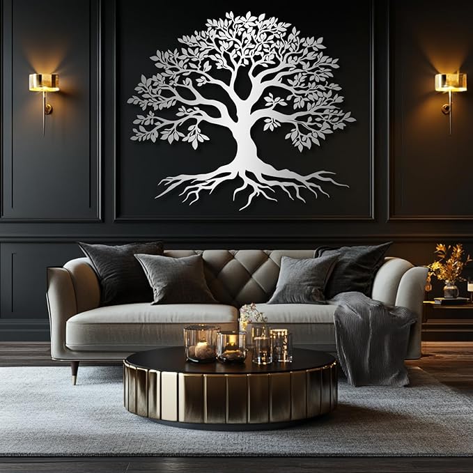 VTHTA Large Tree of Life Metal Wall Art,Tree Wall Sign for Living Room Bedroom Indoor Outdoor Garden Home Decoration (Sliver, 28" Wx24 H/70x61cm, Metal Wall Art)