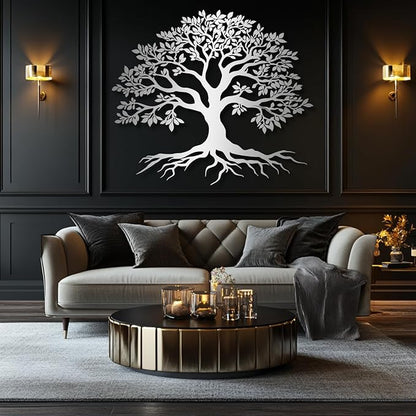 VTHTA Large Tree of Life Metal Wall Art,Tree Wall Sign for Living Room Bedroom Indoor Outdoor Garden Home Decoration (Sliver, 47" Wx41 H/120x105cm, Metal Wall Art)