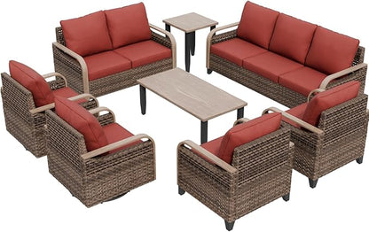 COOS BAY Modern Wicker Outdoor Furniture Set, Patio Conversation Set with Swivel Rockers, Patio Chairs, 3 Seat Couch, Loveseat, Coffee Table and Side Table, 8 Piece, Brown/Red