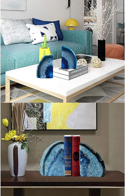 JIC Gem Agate Bookends Dyed Blue Book Ends for Heavy Books Geode Bookends for Bookshelf Decor Cute Stone Bookends with Rubber Bumpers for Office Décor and Home Decoration(1 Pair,6 to 8 Lbs)
