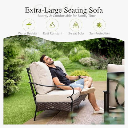 Sophia & William Patio Furniture Set with Fire Pit Table, 6 PCS Metal Outdoor Conversation Set with Fire Pit Table, 2 Sofa Chairs,2 Ottoman, 3-Seater Couch for Outdoor Seating, Backyard, Porch(Beige)