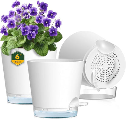 6 inch Self Watering Pots for Indoor Outdoor Plants, 3 Pack Flower Plant Pots with Drainage Holes and Clear Reservoirs, Visible Water Level, Plastic Planters with Wicking Rope, White