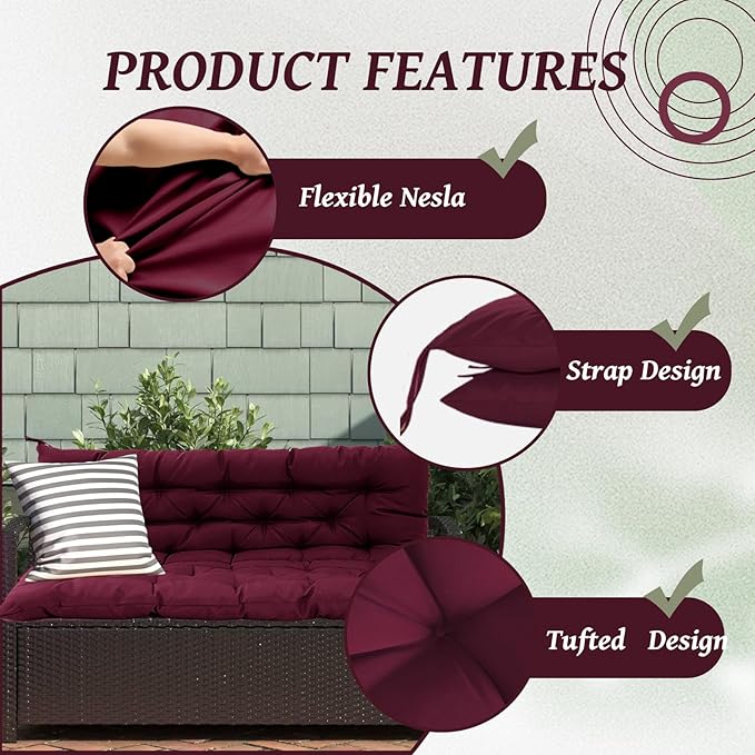 2/3 Seater Swing Replacement Cushion, Waterproof Porch Swing Cushions with Backrest, Thickened Bench Cushions for Outdoor Furniture, for Outdoor Patio Swing (Claret Red, 47 * 40 in)