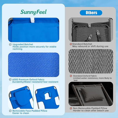 SUNNYFEEL Lay Flat Tanning Chair with Face Down Hole & Arm Slots, Beach Lounge Chair, 5-Position Folding Sunbathing Chair, 300 LBS Heavy Duty, 72" L x 22" W for Beach, Pool, Camping
