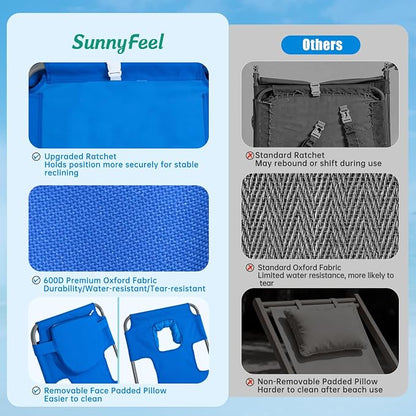 SUNNYFEEL Lay Flat Tanning Chair 2 Pack with Face Down Hole & Arm Slots, Beach Lounge Chair, 5-Position Folding Sunbathing Chair, 300 LBS Heavy Duty, 72" L x 22" W for Beach, Pool, Camping