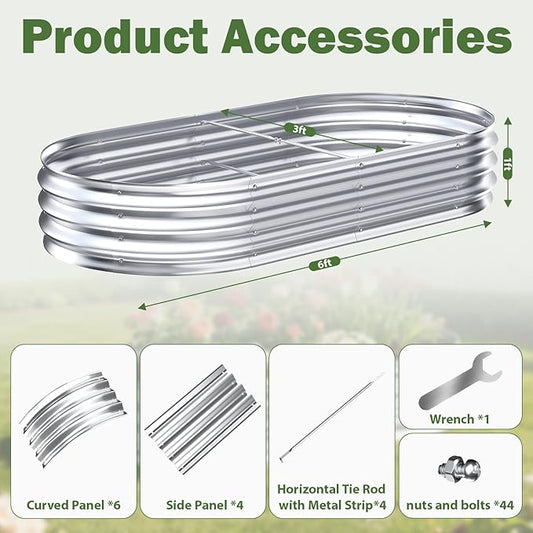 Galvanized Raised Garden Bed Outdoor, 6x3x1ft Metal Heavy Duty Planter Boxes for Gardening, Easy Assemble Large Oval Plant Container Kit for Vegetables, Flowers, Fruits, Silver, 1 Pack