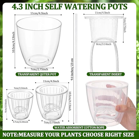 36pcs Self Watering Pots 4.3 Inch Plastic Flower Plant Pot with Inner Pot Self Watering Wick Planter White Clear Flower Pots for Indoor House Plants Herbs, Flowers, Succulents (Transparent)