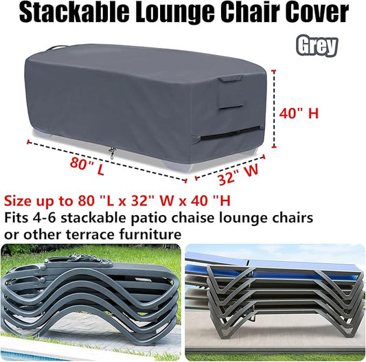 Outdoor Chaise Lounge Cover for 4-6 Stackable Patio Chaise Lounge Chairs, Waterproof, Durable Polyester Fabric 80 x 32 x 40 Inch Pool Lounge Chair Covers for Winter Storage (Grey)