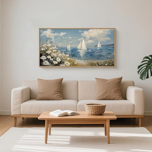 FWIEXA Coastal Wildflower Canvas Wall Art Framed, Ocean Sailboats Pictures Wall Decor, Beach Flower Seascape Painting, Blue Sky 20x40In Artwork for Living Room, Bedroom, Bathroom, Rustic Farmhouse