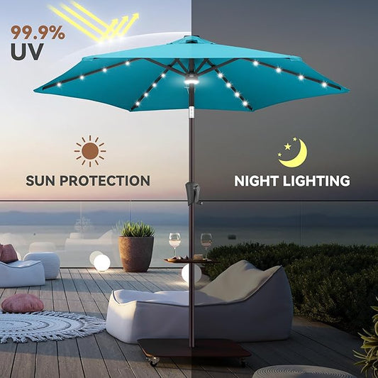 7.5ft Solar Umbrella Outdoor - Lighted Patio Umbrella with 24 LED Lights Waterprool Uv Protection, Table Umbrella with Tilt & Crank for Pool, Porch, Garden, Deck, Backyard(Sky Blue)