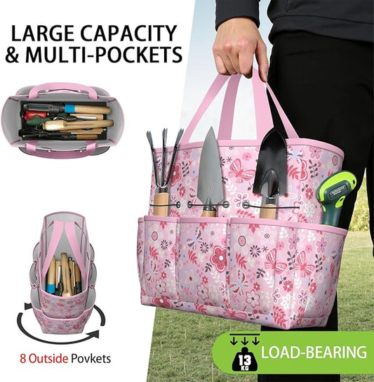 Floral Garden Tool Bag - Waterproof Garden Tote with 8 Pockets, Large Storage Home Organizer Gardening Tool Oxford Bag for Garden Tools Kits Holder, Ideal Outdoor Gardening Gift for Women & Men
