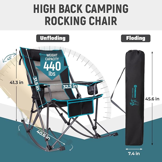 FUNDANGO Oversized Rocking Camping Chair for Adults, High Back Padded Folding Lawn Chairs with Pillows, Wide Armrest, 2 Cup Holders, Carry Bag for Patio Garden Outdoor Supports 440Lbs (Black)