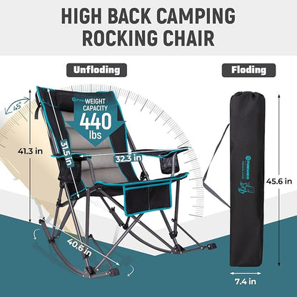 FUNDANGO Oversized Rocking Camping Chair for Adults, High Back Padded Folding Lawn Chairs with Pillows, Wide Armrest, 2 Cup Holders, Carry Bag for Patio Garden Outdoor Supports 440Lbs (Black)