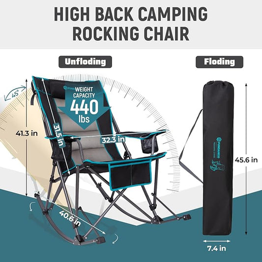 FUNDANGO Oversized Rocking Camping Chair for Adults, 2 Pack High Back Padded Folding Lawn Chairs with Pillows, Wide Armrest, 2 Cup Holders, Carry Bag for Patio Garden Outdoor Supports 440Lbs