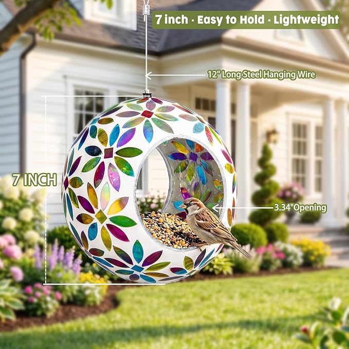 VCUTEKA Bird Feeder for Outside Hanging with Round Shape Glass Container to Attract More Wild Birds, Mosaic Fly Through for Garden, Yard, Backyard, Deck and Porch Decor, 7-Inch
