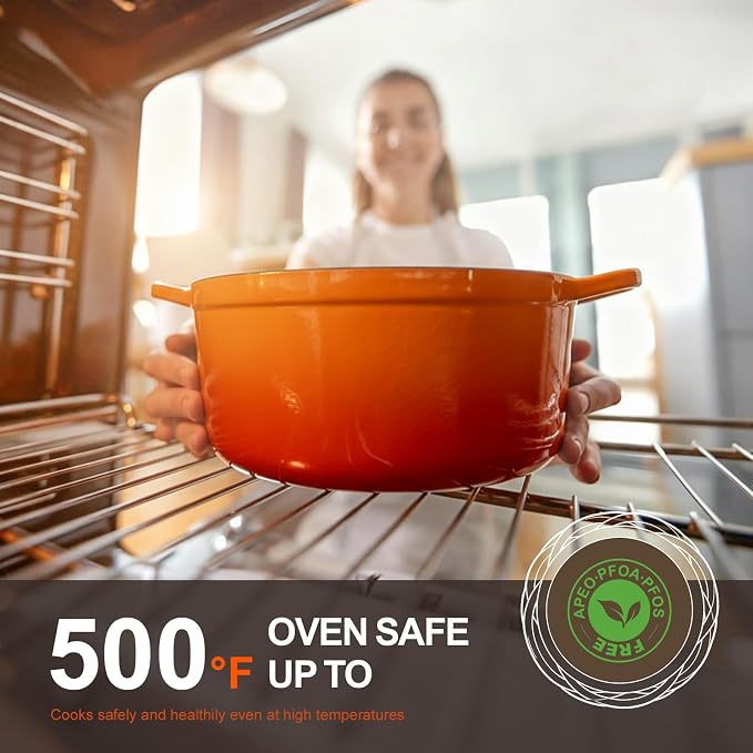 Overmont Enameled Cast Iron Dutch Oven - 5.5QT Pot with Wide Handles Lid Cookbook & Cotton Potholders - Heavy-Duty Pre-Seasoned Cookware Oven Safe to 500°F for Braising, Stews, Roasting, Sourdough Baking