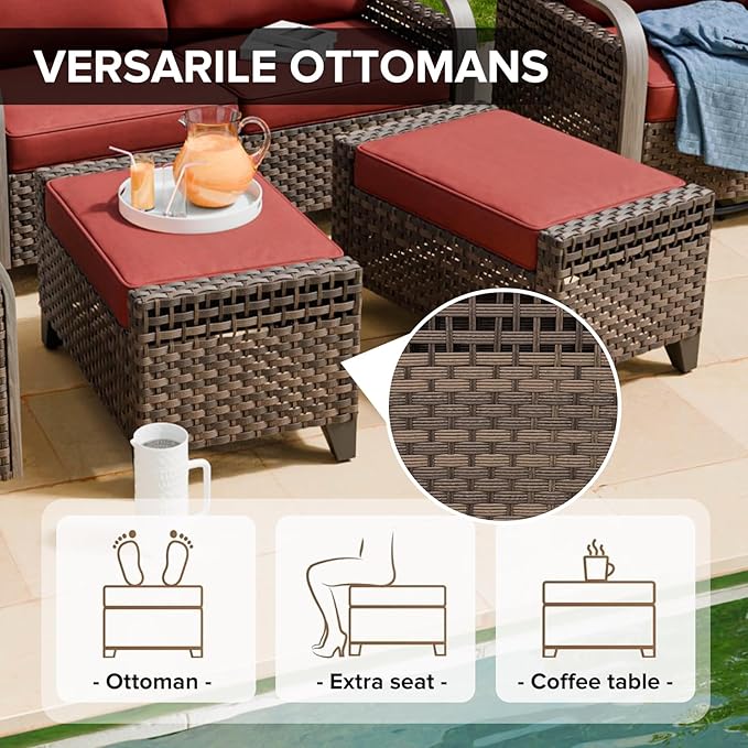 COOS BAY Modern Wicker Outdoor Furniture Set, Patio Conversation Set with Patio Chairs, 2 Seat Loveseat, Ottomans, and Coffee Table, 6 Piece, Brown/Red