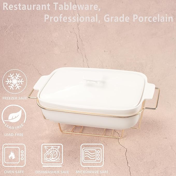 Casserole Dish with Lids 1.9 Quart Ceramic Bakeware Set with Lids and rack, 10 x 7 Lasagna Pan Deep with Lid, Rectangular Bakeware With Handle, Microwave, Dishwasher, Oven Safe, White