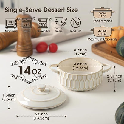 Mini Cocotte Set of 4, 14 oz Ceramic Mini Cocotte with Lids, Small Ceramic Casserole Dishes for Oven, Individual Baking Dish for Mini Sourdough, Soup, Soufflé & Pot Pie, Oven Safe