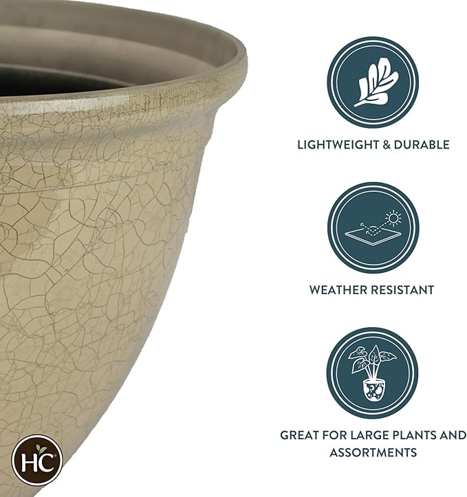 The HC Companies 14 Inch Tucson Round Planter Pots with Ceramic Look, Lightweight UV-Resistant Resin Indoor & Outdoor Planters, 1-Pack Flower Pots for Garden & Home Decor, Greige Crackle