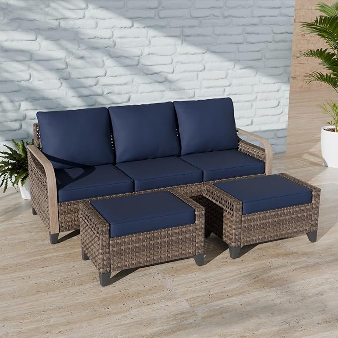 COOS BAY Modern Wicker Outdoor Furniture Set, Patio Conversation Set with 3 Seat Couch, and Ottomans, 3 Piece, Brown/Blue