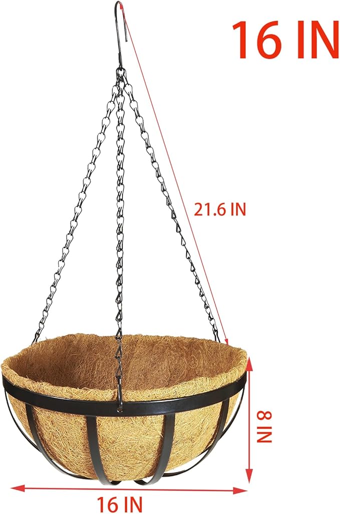 4 Pack 16 Inch Hanging Planters for Outdoor Plants Metal Hanging Planter Basket with Coco Coir Liner Round Plant Black Flat Iron Metal Flower Pots for Deck Patio Porch Garden Balcony
