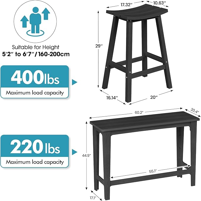 Ciokea Heavy-Duty Outdoor Bar Set, Rectangle High Top Table and 2 Pcs 29" Stools Set, HDPE Modern Patio Bar Set for Outside Bistro Backyard Balcony Deck Outside, Black