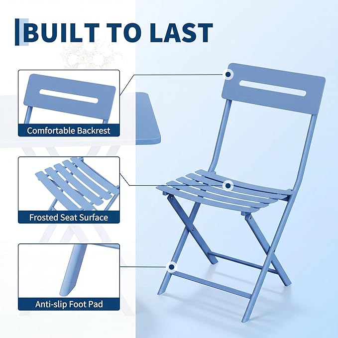 GarveeTech 3-Piece Folding Bistro Set, Heavy Duty Outdoor Patio Furniture with 2 Chairs & 1 Table, Weather-Resistant Steel Frame, No Assembly Required for Garden, Yard, Balcony,Blue