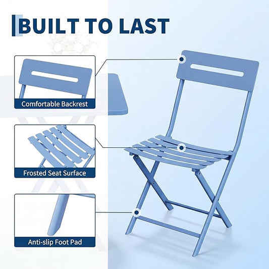 GarveeTech 3-Piece Folding Bistro Set, Heavy Duty Outdoor Patio Furniture with 2 Chairs & 1 Table, Weather-Resistant Steel Frame, No Assembly Required for Garden, Yard, Balcony,Blue
