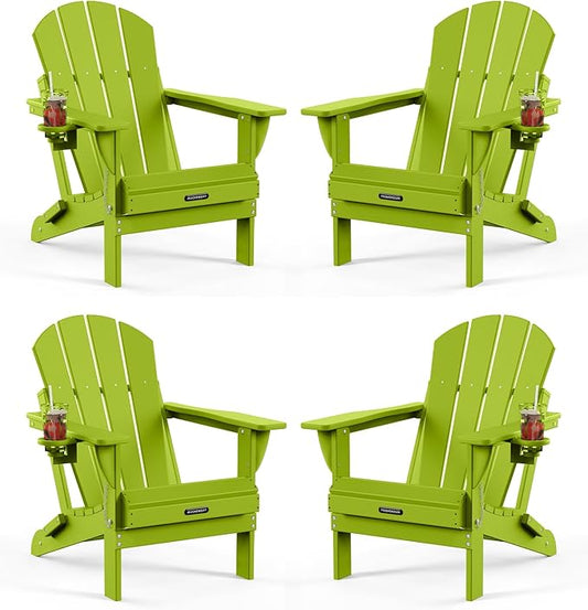 MUCHENGHY Folding Adirondack Chairs Set of 4, Patio Chairs, Lawn Chairs, Outdoor Chair, Adirondack Chair Plastic, Fire Pit, Weather Resistant with Cup Holder for Deck, Backyard, Garden(Lemon Green)