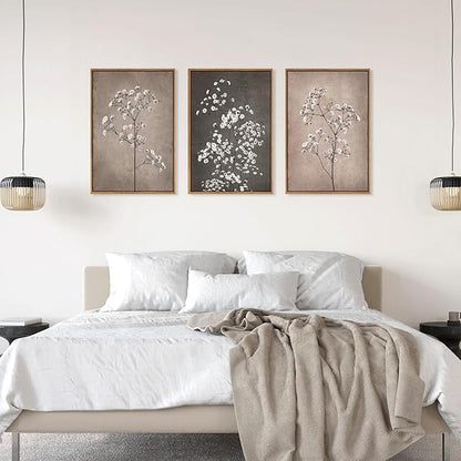 FWIEXA Neutral Floral Wall Art of 3, Framed Beige Botanical Canvas Prints, Minimalist Wildflower Wall Decor, Large Modern Plant Painting, 24x36 Inches Artwork for Living Room, Bedroom, Office, Home