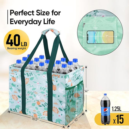 BALEINE Extra Large Utility Tote Bag with Reinforced Wire Frame, Reusable Grocery Bag for Shopping, Picnic (Spring Stroll, 16.5''x14''x10'')